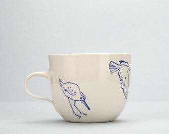 White mug with blue birds, handled cup for tea, coffee, hot chocolate, cappuccino