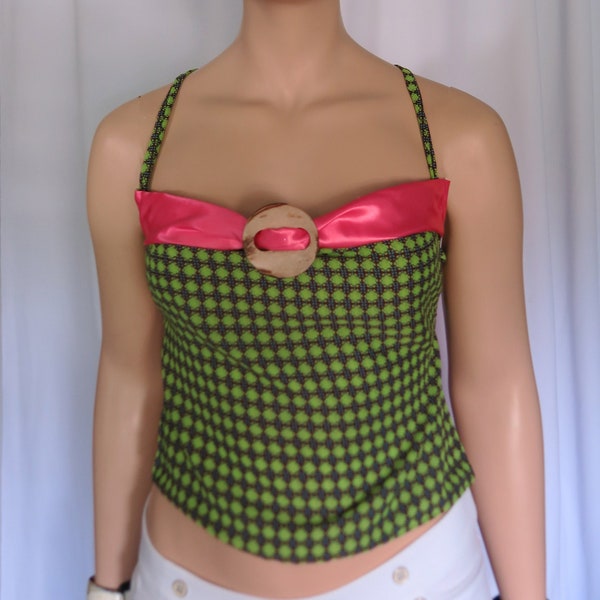 Halter Hawaiian Ti & Me - Fits M or Large - Soft pink satin and fun modern greens and a real coconut shell clasp top - Made in Hawaii USA