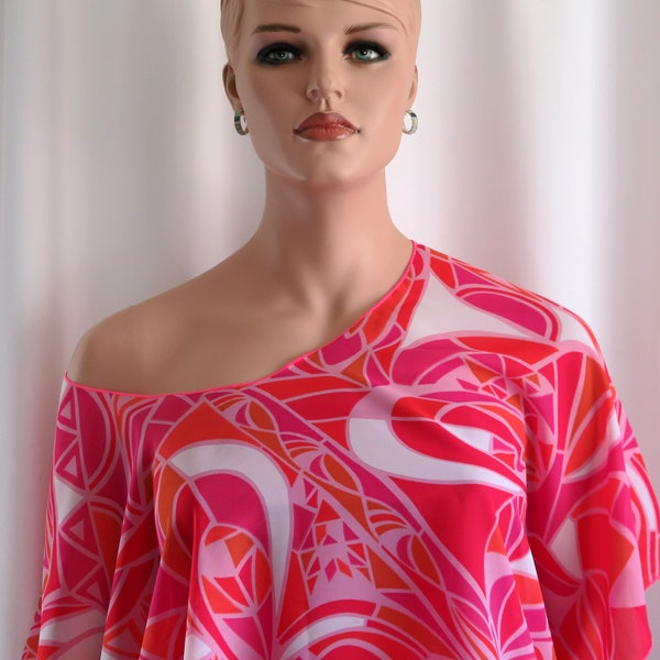 Sheer Pink or Red Lipstick Summer Top Women Tropical Cover-up Caftan Shirt Tunic Travel L or XL Made in Hawaii USA- Perfect for travel
