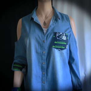 Seahawks Denim Shirt: Upcycled Peekaboo Shoulder Top, Plus Size Redesigned in Hawaii