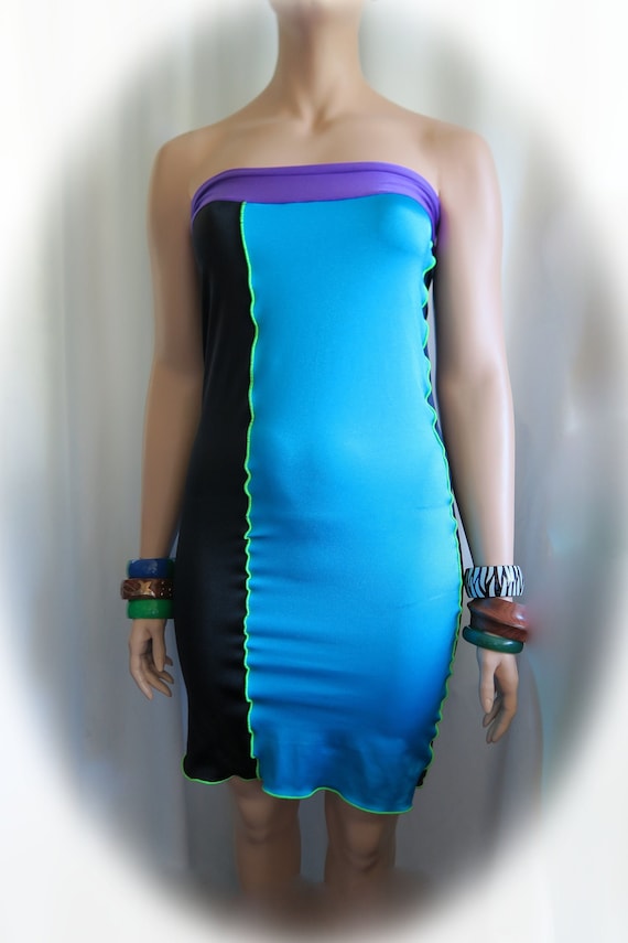 Spandex Lycra Bodycon Dress: Neon Trim Rave Club Wear, Made in Hawaii Spandex Lycra Bodycon Dress: Neon Trim Rave Club Wear, Made in Hawaii