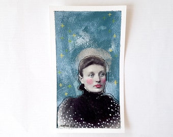 North Star, original art piece, miniature, mixed media collage, bokeh, halo, vintage portrait, stars, collage on paper