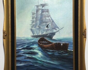 VINTAGE OIL PAINTING, Original Framed ''Ghost Ship'' Signed L.Collton Seascape, painting 16''x 20'' Canvas with 21''x 25'' gold Gilded frame