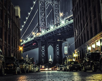 NYC Photography, Manhattan Bridge, New York Art Print, NYC Urban Art, Brooklyn, DUMBO photograph, Night time New York, Home Decor 8x12 photo