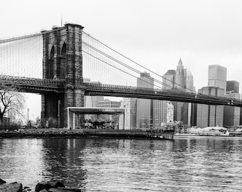 New York Photography - Brooklyn Bridge, DUMBO Jane's Carousel, Manhattan Skyline, Black and White Photograph, Brooklyn, New York 8x10 photo