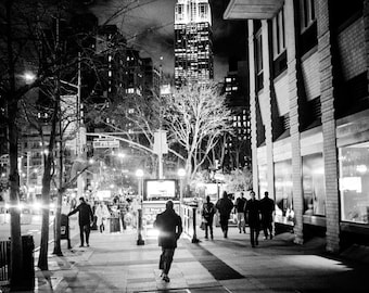 New York Photography - Manhattan streets at Night, Empire State Building, Big Apple, Manhattan New York, black and white New York 8x10 photo