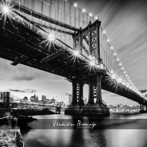 New York Photography Manhattan Bridge Night, Brooklyn Bridge, New York, Black and White Photograph, Brooklyn, New York 8x10 photo image 1