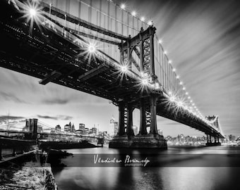 New York Photography - Manhattan Bridge Night, Brooklyn Bridge, New York, Black and White Photograph, Brooklyn, New York - 8x10 photo