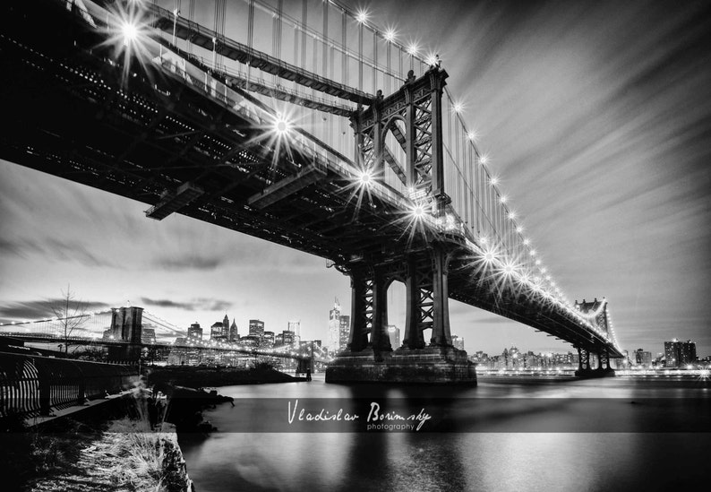 New York Photography Manhattan Bridge Night, Brooklyn Bridge, New York, Black and White Photograph, Brooklyn, New York 8x10 photo image 1