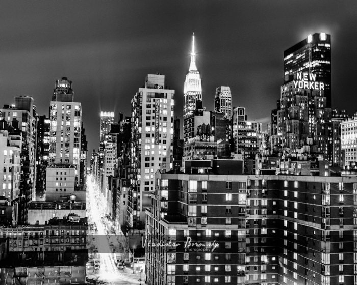 New York Photography - Manhattan Skyline at Night, With New Yorker Hotel and Empire State Building. New York - 8x10 photo