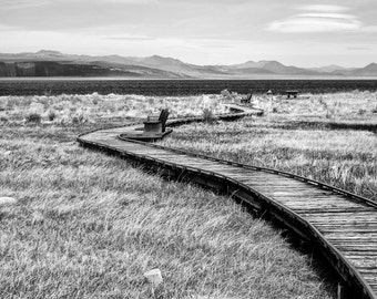 Nature Landscape Photography,  Wooden deck path to Mono Lake in California, Mountain Landscape - 8x10 black and white fine art photograph