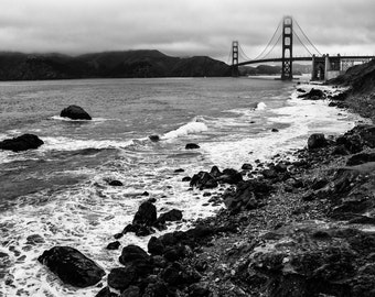 San Francisco Photography -  Golden Gate Bridge, San Fran Rocks, Baker Beach California, Golden Gate Photo Print, Black & White - 8x12 photo