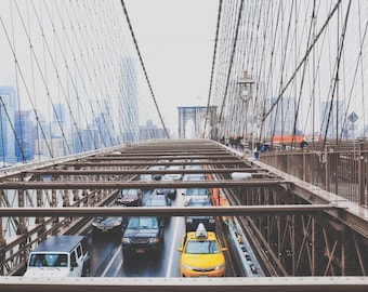 New York Photography - Brooklyn Bridge, Color Photograph Print, NYC Skyline, Yellow Cab, One World Trade Center New York - 8x10 photo