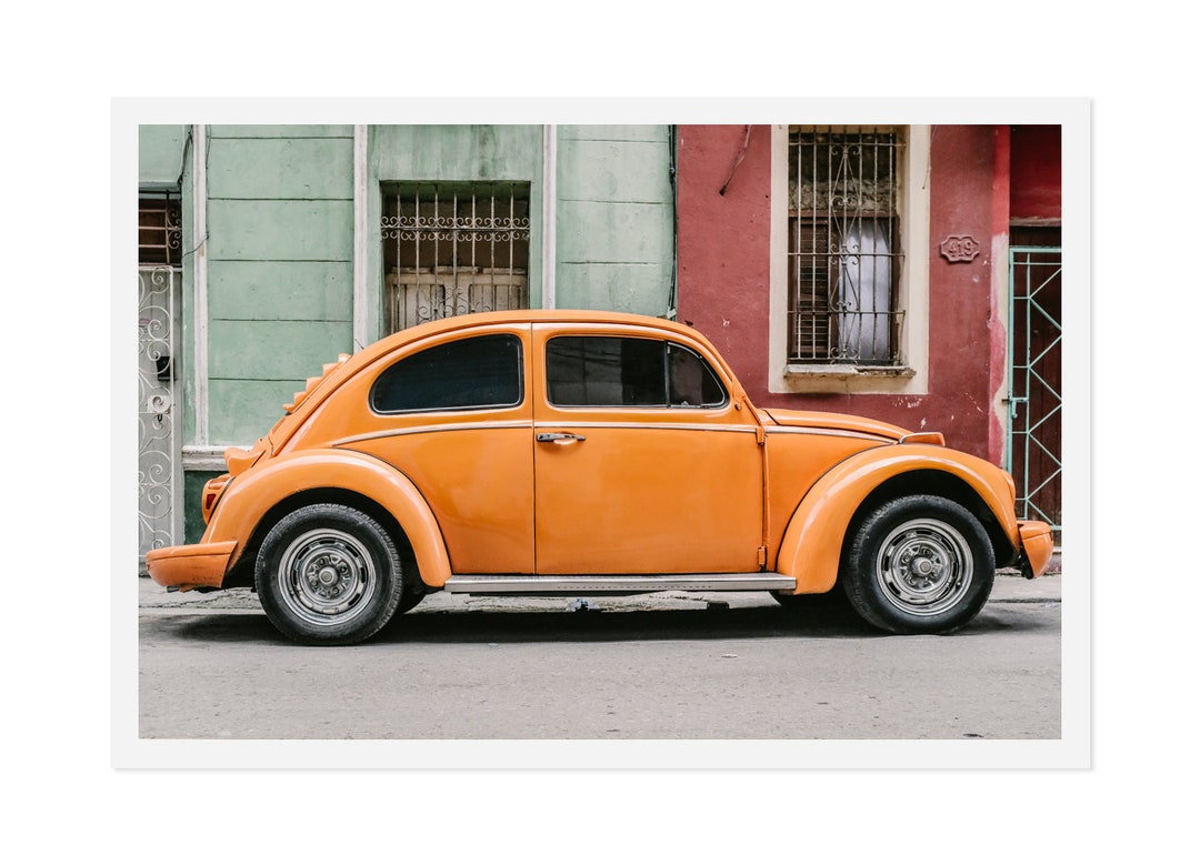 Cuba Photography, Orange Classic VW Beetle Cuban Decor, Wall Art
