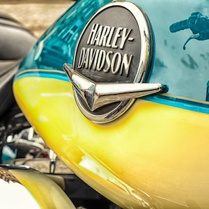 Harley Davidson  Photography - Close up of a harley davidson logo with city&#39;s reflections on the gas tank - 8x10 photograph