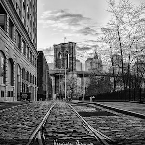 New York Photography - Brooklyn Bridge, Train tracks and cobblestone in DUMBO, Brooklyn Black and White Photograph, New York - 8x10 photo