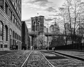 New York Photography - Brooklyn Bridge, Train tracks and cobblestone in DUMBO, Brooklyn Black and White Photograph, New York - 8x10 photo