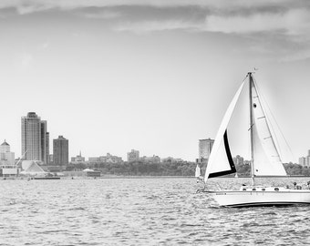 Milwaukee Photography - Sailboat, Milwaukee Skyline, Calatrava Art Museum, Milwaukee down town, fine art, nautical Black & White, 8x12 photo