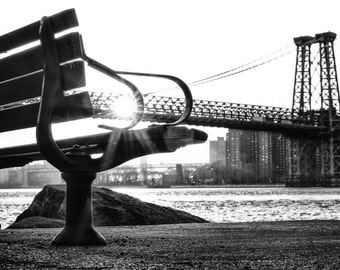 New York Photography - Williamsburg Bridge. NYC Print. Black and White Sunset Over Manhattan. Brooklyn. Manhattan Skyline  - 8x12 photo