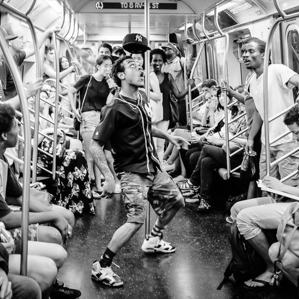 New York Street Photography, Subway Dancers, New York, Hip Hop Dancers, Street artists, subway performers, Black & White photograph