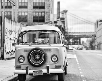 Classic Car Photography - Classic VW Bus in Williamsburg, Brooklyn, New York,  Volkswagen Bus, Vintage Car, 8x12 Black & White photograph