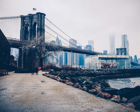 New York Photography Manhattan Skyline at Night, Brooklyn Bridge