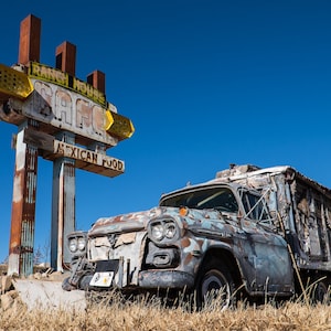 Route 66 Photography - Abandoned car and Cafe sign, Abandoned Relics along Historic Route 66 photo, Vintage Route 66 relics  - 8x10 photo