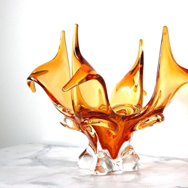 Mid Century Art Glass, Amber Glass, Chalet Glass, Hand blown Crystal, Crystal Centerpiece, Amber Glass, Murano Art Glass, Stretch Glass, Gla