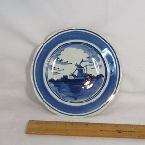 Vintage Delft Plate Windmill Design with Scalloped Edge Hand-Painted