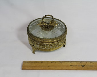 Vintage Glass Covered Dish with Ornate Metal Embellishments Beveled Glass Top No Markings
