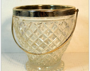 Vintage Glass Bucket with Silver Plate Metal Rim and Handle