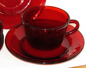 Vintage Ruby/Cranberry Glass Cup and Saucer Set - Plain No Pattern - In Great Condition