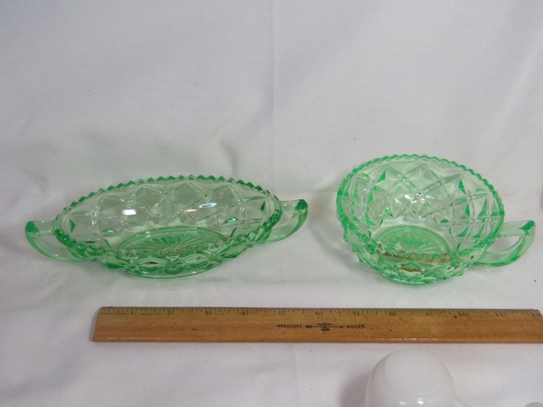 Vintage Set of Uranium Glass Dish and Server - Cut Design - Mold Blown ...