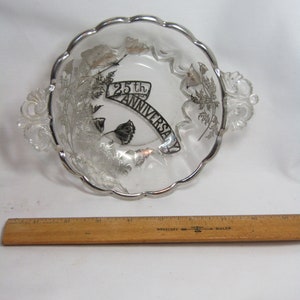 Vintage 25th Anniversary Dish - Silver Overlay on Glass - Floral Pattern