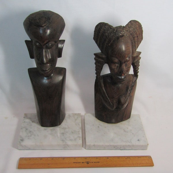 Vintage Early African Tribal Carved Heads Male/Female Bookend Figures on Marble Bases