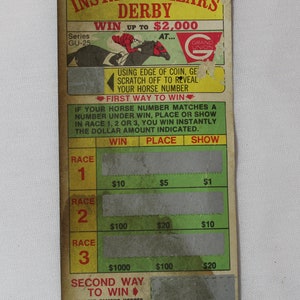 Stary zdrapkowy bilet loteryjny Instant Dollars Derby 1977/78