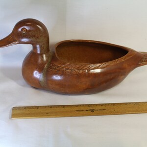 Puede incluir: Un macetero de cerámica marrón en forma de pato con una superficie texturizada. El pato tiene un pico ancho y abierto y un ojo pequeño y redondo. El macetero mide aproximadamente 30 cm de largo.