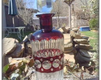 Vintage Cranberry Cut Glass Decanter with Original Stopper