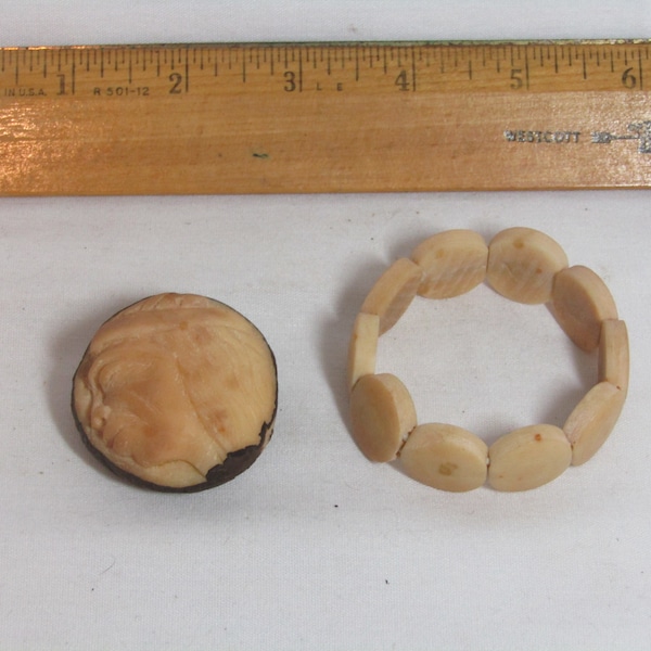 Vintage Carved Tagua Nut Bracelet and Tagua Nut Carved With Native Portrait - Ecuador