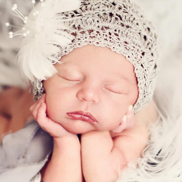 Newborn Photo Prop, Baby Girl Bonnet, Shabby Chic Baby Bonnet, Crochet Baby Hat, Crochet Baby Bonnet, GREY Thread Baby Hat, Baby Shower Gift