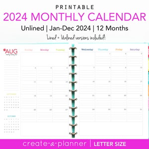 2024 Lined Calendar // Printable Planner Inserts PDF Download // Ruled, 2 page spread, Monthly, Agenda, Big Happy Planner image 1