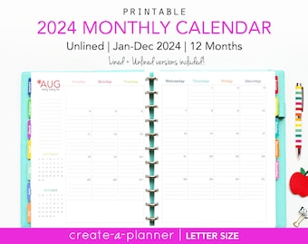 2024 Lined Calendar // Printable Planner Inserts - PDF Download // Ruled, 2 page spread, Monthly, Agenda, Big Happy Planner
