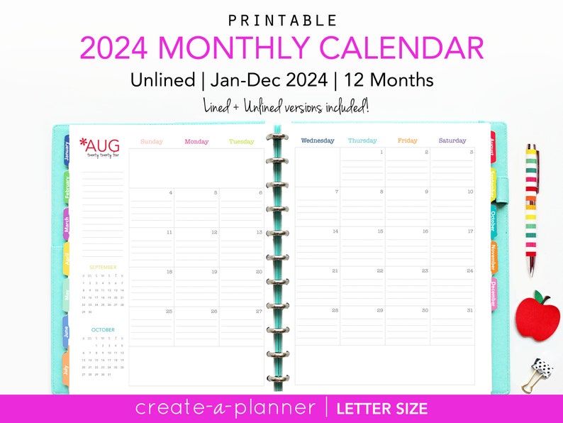 2024 Lined Calendar // Printable Planner Inserts PDF Download // Ruled, 2 page spread, Monthly, Agenda, Big Happy Planner image 1