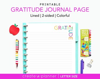 Gratitude Journal Page, Printable Inserts, Planner Pages, lined journal page, notes, letter size, A5 size, large happy planner, discbound