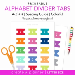 PRINTABLE Alphabet Divider Tabs for Address Book or Planner PDF Printable Pages - INSTANT Download - multicolor, A to Z