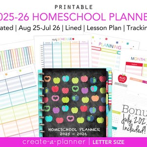 May include: A printable 2025-26 homeschool planner with a black cover featuring colorful apple designs. The planner includes lined lesson plans, tracking pages, and a bonus July 2025 calendar. The planner is letter size.