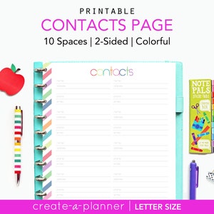 Printable Contacts Planner Page, Letter Size - INSTANT DOWNLOAD -  Phone Numbers, Address Book, colorful
