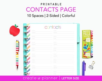 Printable Contacts Planner Page, Letter Size - INSTANT DOWNLOAD -  Phone Numbers, Address Book, colorful