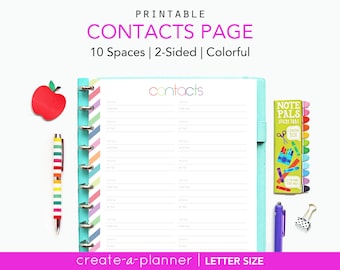 Printable Contacts Planner Page, Letter Size - INSTANT DOWNLOAD - Phone Numbers, Address Book, colorful