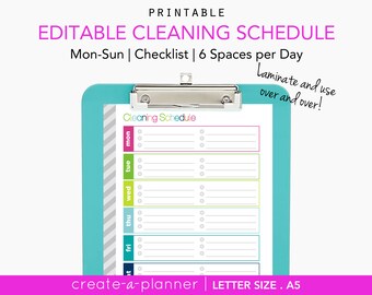 EDITABLE Weekly Cleaning Schedule Printable Checklist, Letter + A5 - INSTANT Download - Cleaning, Homekeeping
